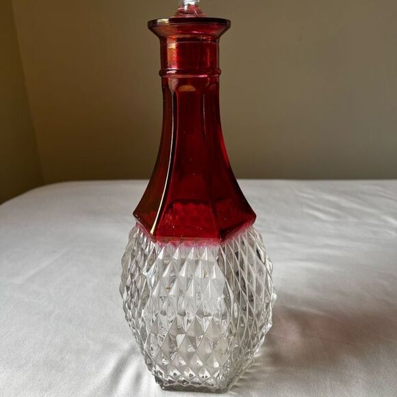 Vintage Ruby Red Diamond Point Glass Decanter with Stopper 12" Barware - Picture 7 of 12